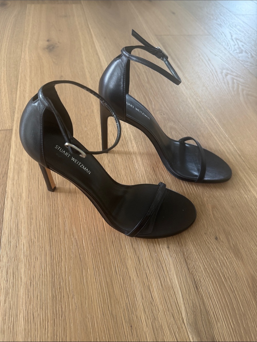 Stuart Weitzman Black Leather Ankle-Strap Stiletto Sandals